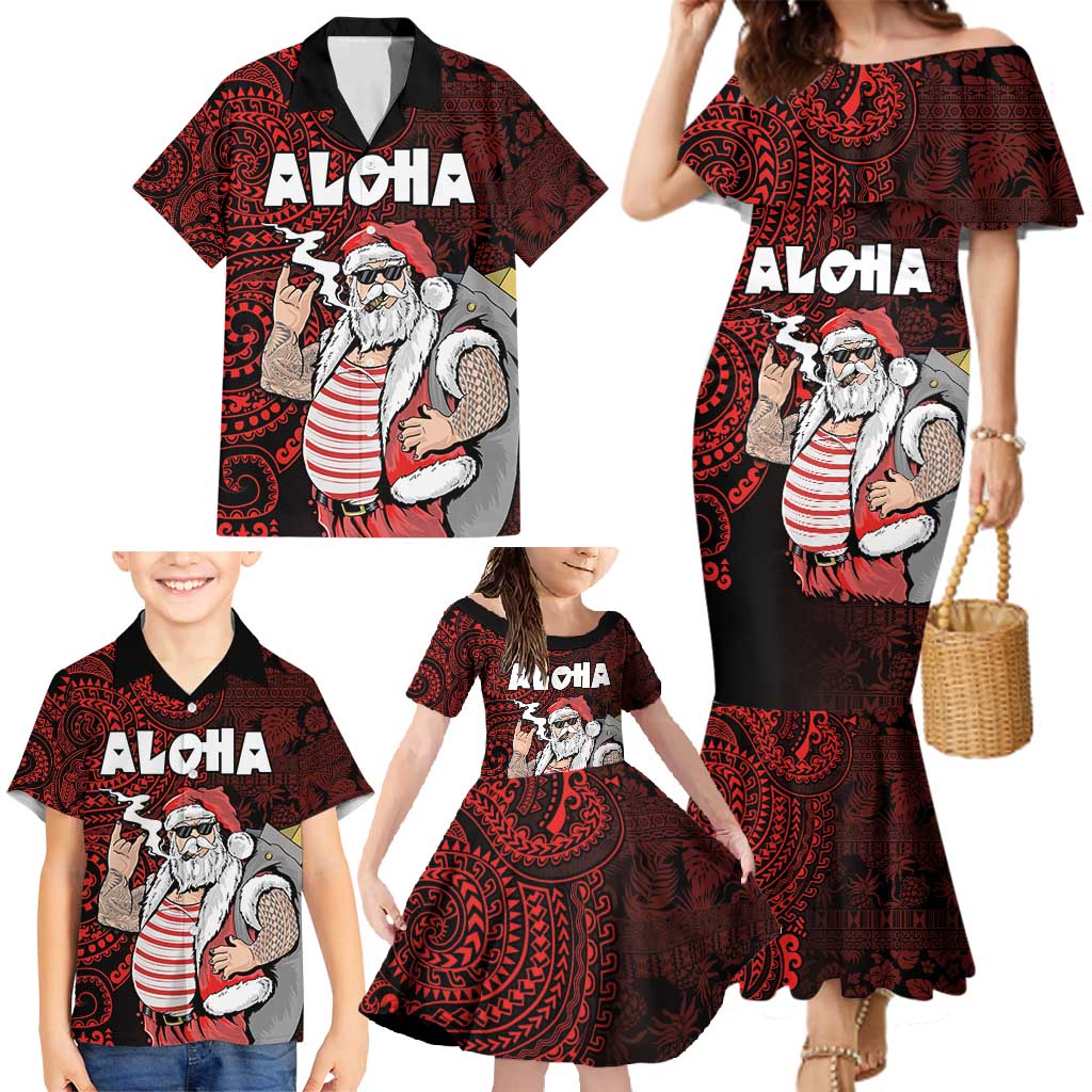 Hawaii Aloha Santa Claus Funny Polynesian Tattoo Family Matching Mermaid Dress and Hawaiian Shirt Red Color