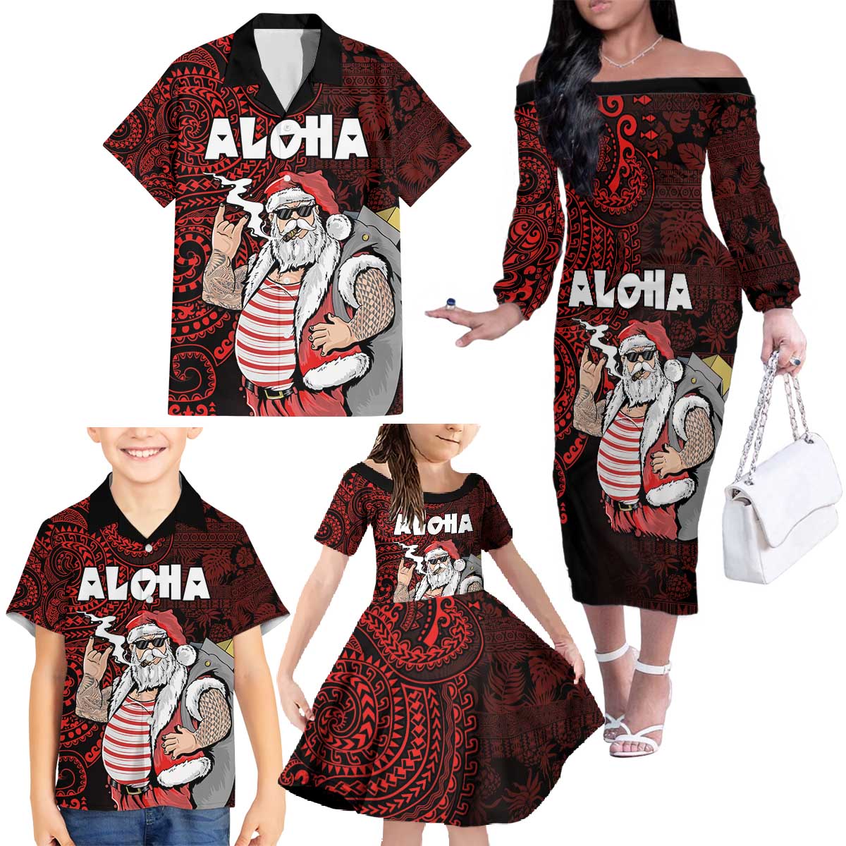 Hawaii Aloha Santa Claus Funny Polynesian Tattoo Family Matching Off The Shoulder Long Sleeve Dress and Hawaiian Shirt Red Color