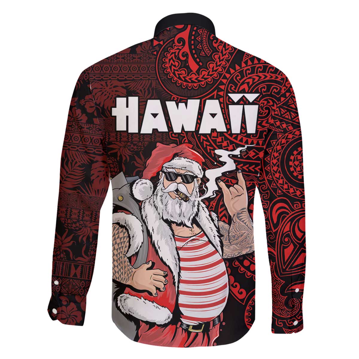 Hawaii Aloha Santa Claus Funny Polynesian Tattoo Family Matching Off The Shoulder Long Sleeve Dress and Hawaiian Shirt Red Color