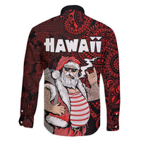 Hawaii Aloha Santa Claus Funny Polynesian Tattoo Family Matching Off The Shoulder Long Sleeve Dress and Hawaiian Shirt Red Color