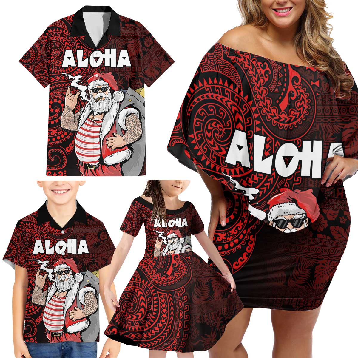 Hawaii Aloha Santa Claus Funny Polynesian Tattoo Family Matching Off Shoulder Short Dress and Hawaiian Shirt Red Color