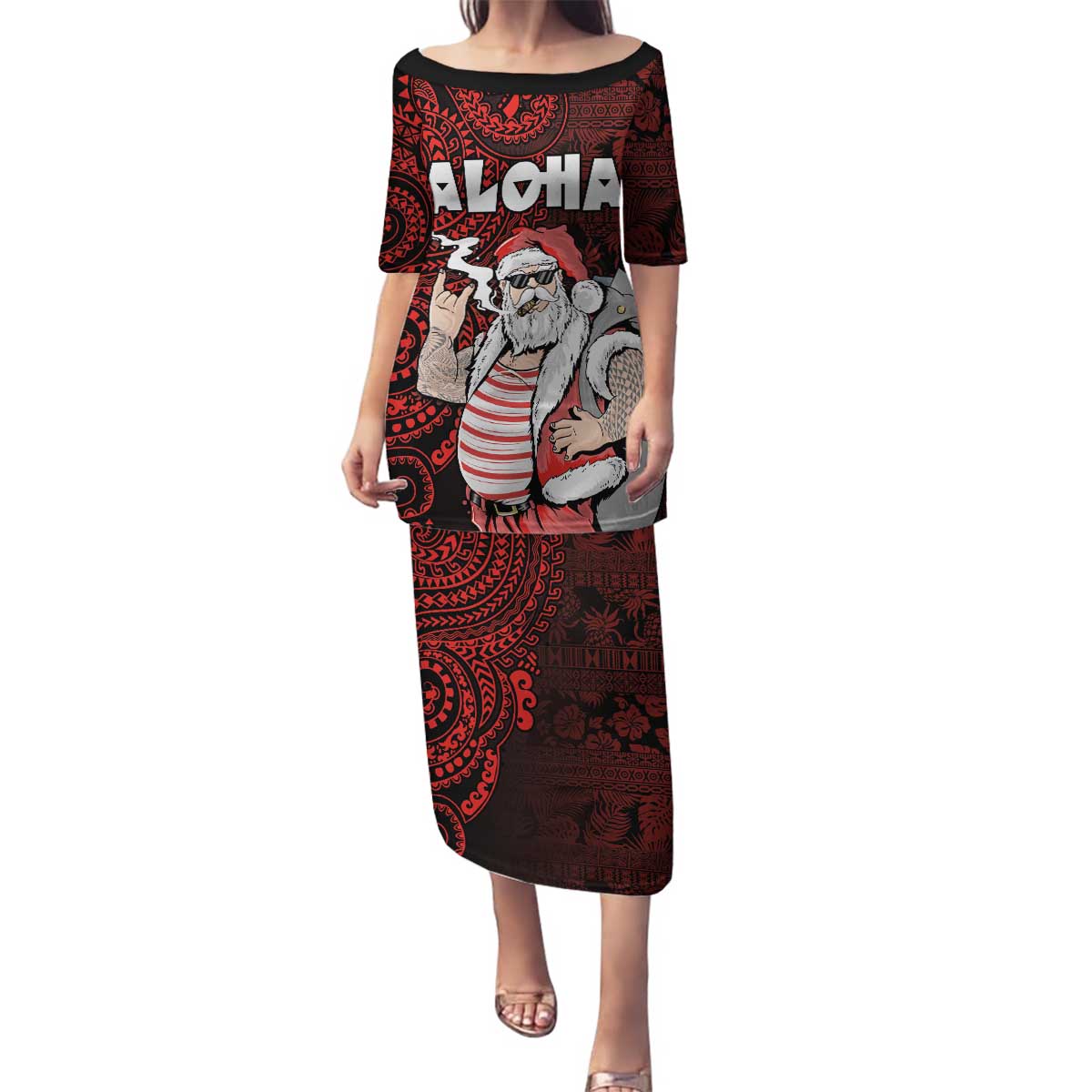 Hawaii Aloha Santa Claus Funny Polynesian Tattoo Family Matching Puletasi and Hawaiian Shirt Red Color