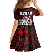 Hawaii Aloha Santa Claus Funny Polynesian Tattoo Family Matching Short Sleeve Bodycon Dress and Hawaiian Shirt Red Color