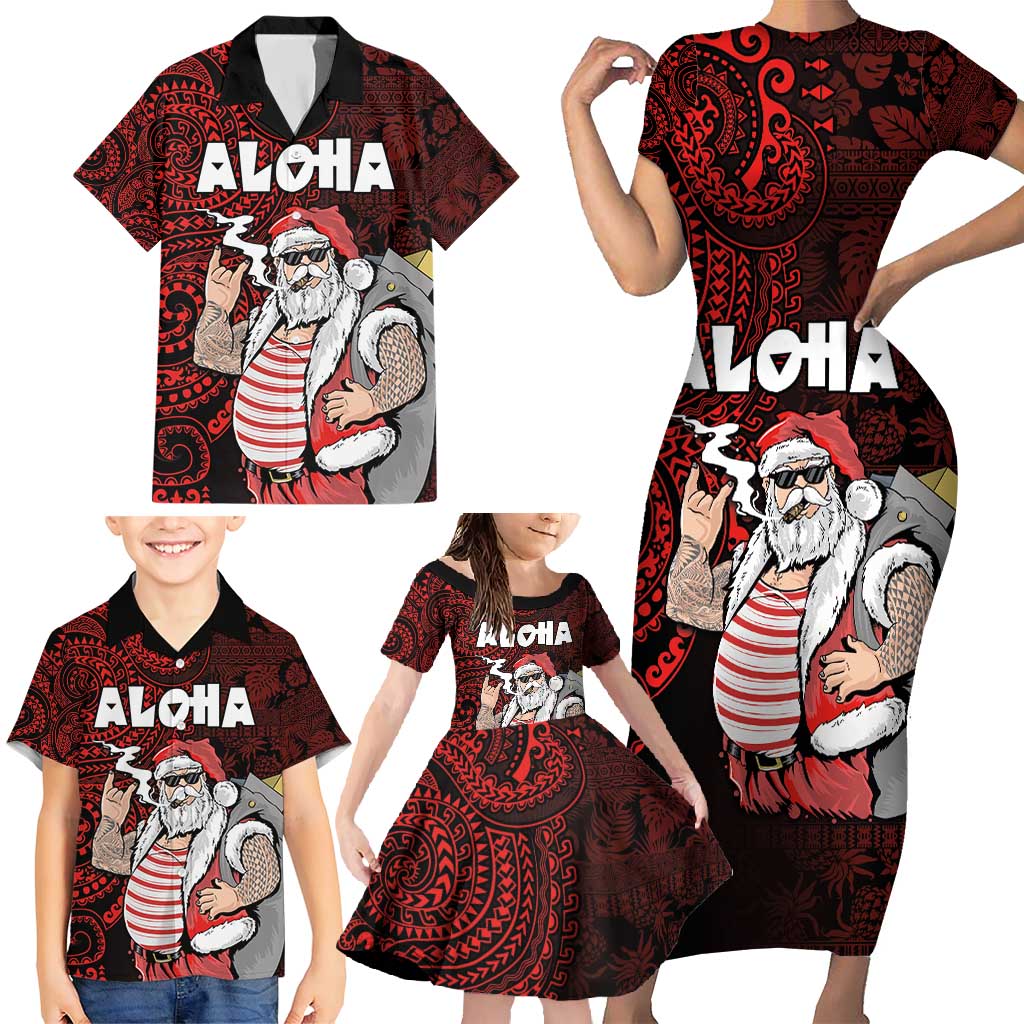 Hawaii Aloha Santa Claus Funny Polynesian Tattoo Family Matching Short Sleeve Bodycon Dress and Hawaiian Shirt Red Color LT03 - Polynesian Pride