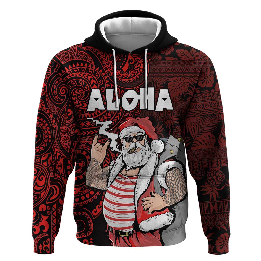 Hawaii Aloha Santa Claus Funny Polynesian Tattoo Hoodie Red Color