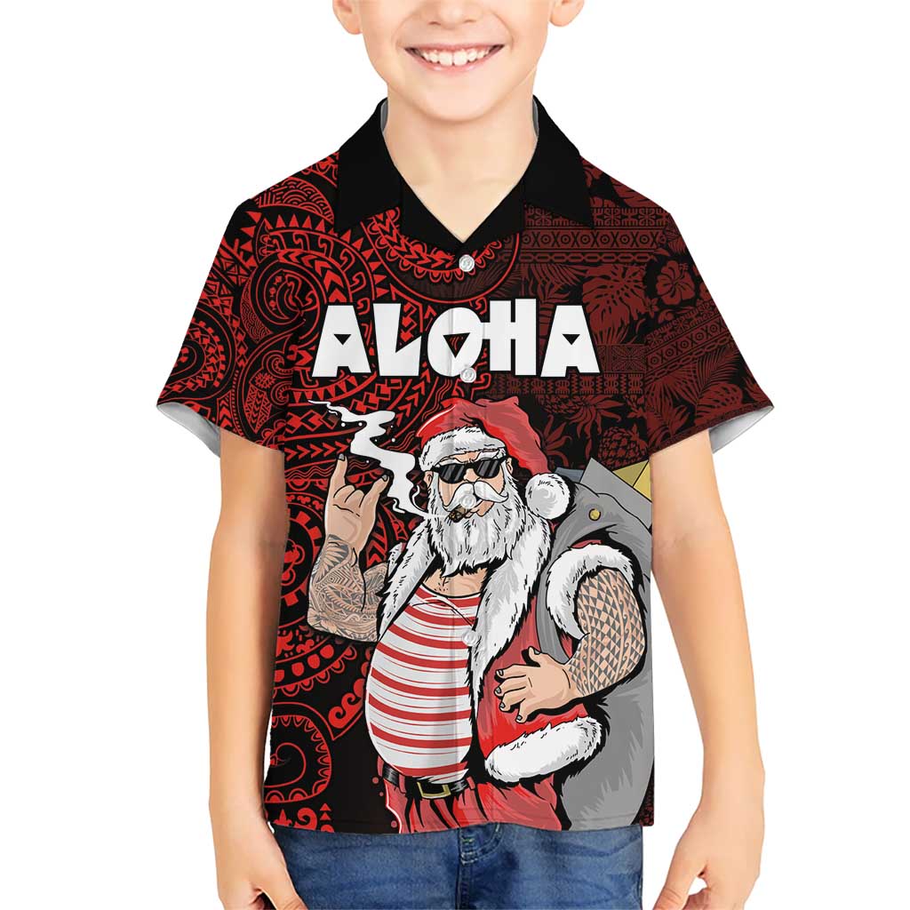 Hawaii Aloha Santa Claus Funny Polynesian Tattoo Kid Hawaiian Shirt Red Color