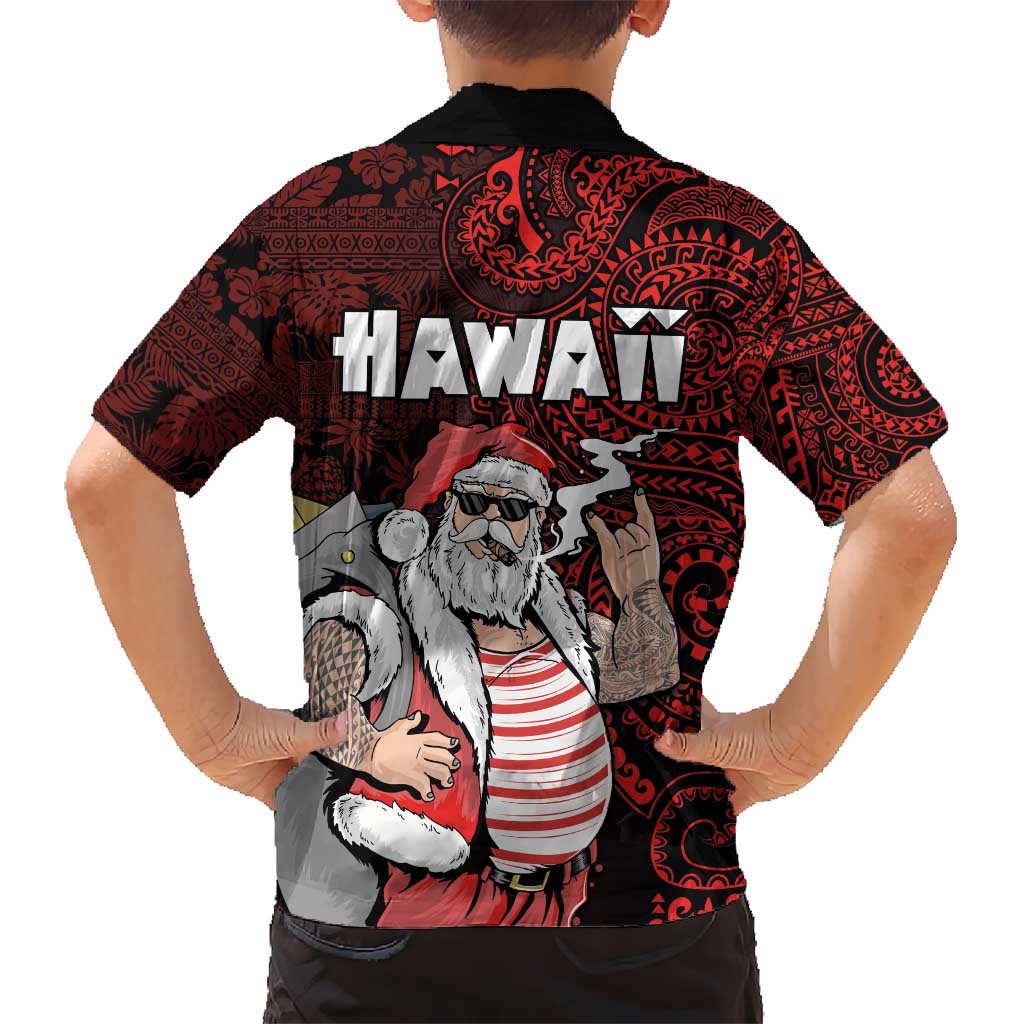 Hawaii Aloha Santa Claus Funny Polynesian Tattoo Kid Hawaiian Shirt Red Color