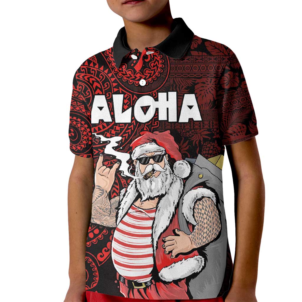 Hawaii Aloha Santa Claus Funny Polynesian Tattoo Kid Polo Shirt Red Color