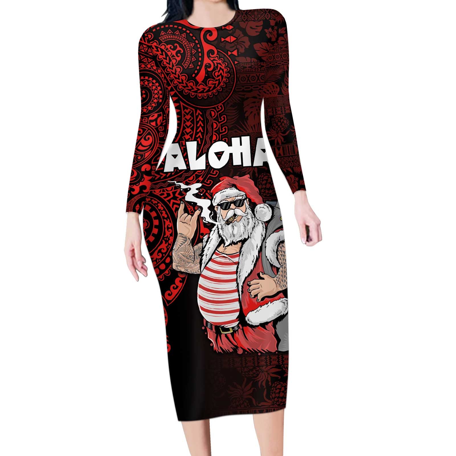 Hawaii Aloha Santa Claus Funny Polynesian Tattoo Long Sleeve Bodycon Dress Red Color