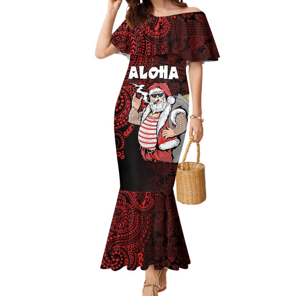 Hawaii Aloha Santa Claus Funny Polynesian Tattoo Mermaid Dress Red Color