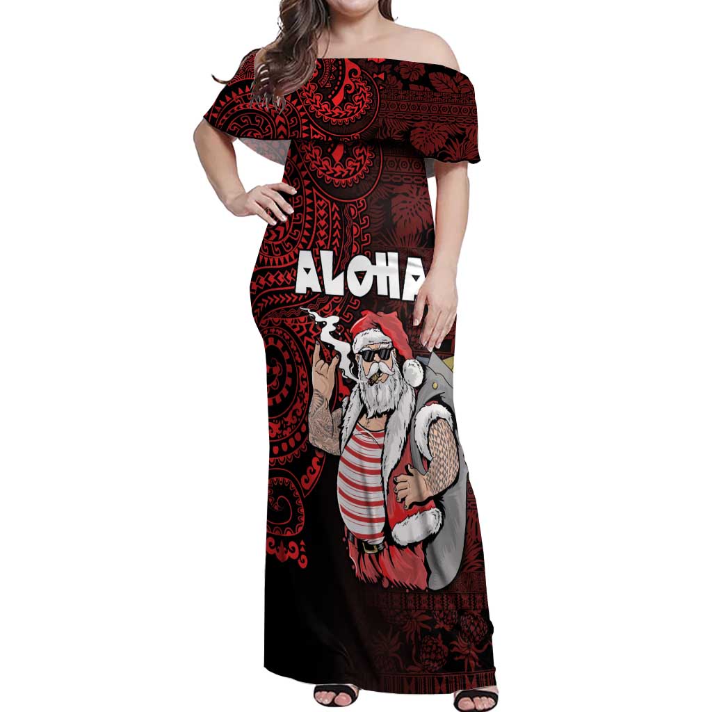 Hawaii Aloha Santa Claus Funny Polynesian Tattoo Off Shoulder Maxi Dress Red Color LT03 Women Red - Polynesian Pride