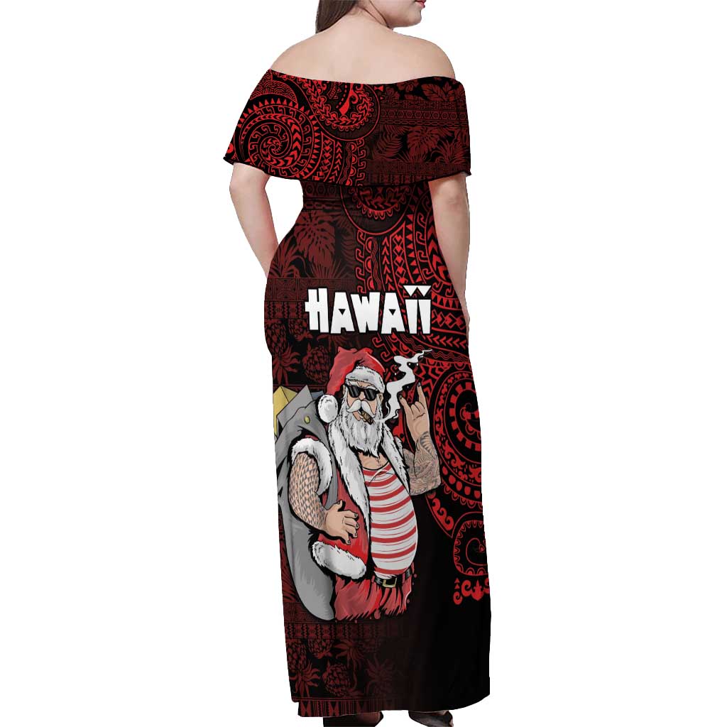 Hawaii Aloha Santa Claus Funny Polynesian Tattoo Off Shoulder Maxi Dress Red Color LT03 - Polynesian Pride