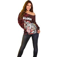 Hawaii Aloha Santa Claus Funny Polynesian Tattoo Off Shoulder Sweater Red Color