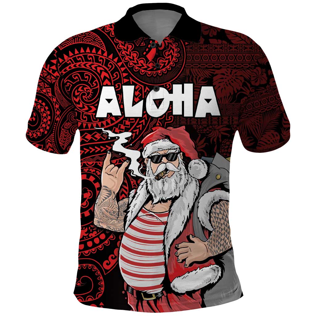 Hawaii Aloha Santa Claus Funny Polynesian Tattoo Polo Shirt Red Color