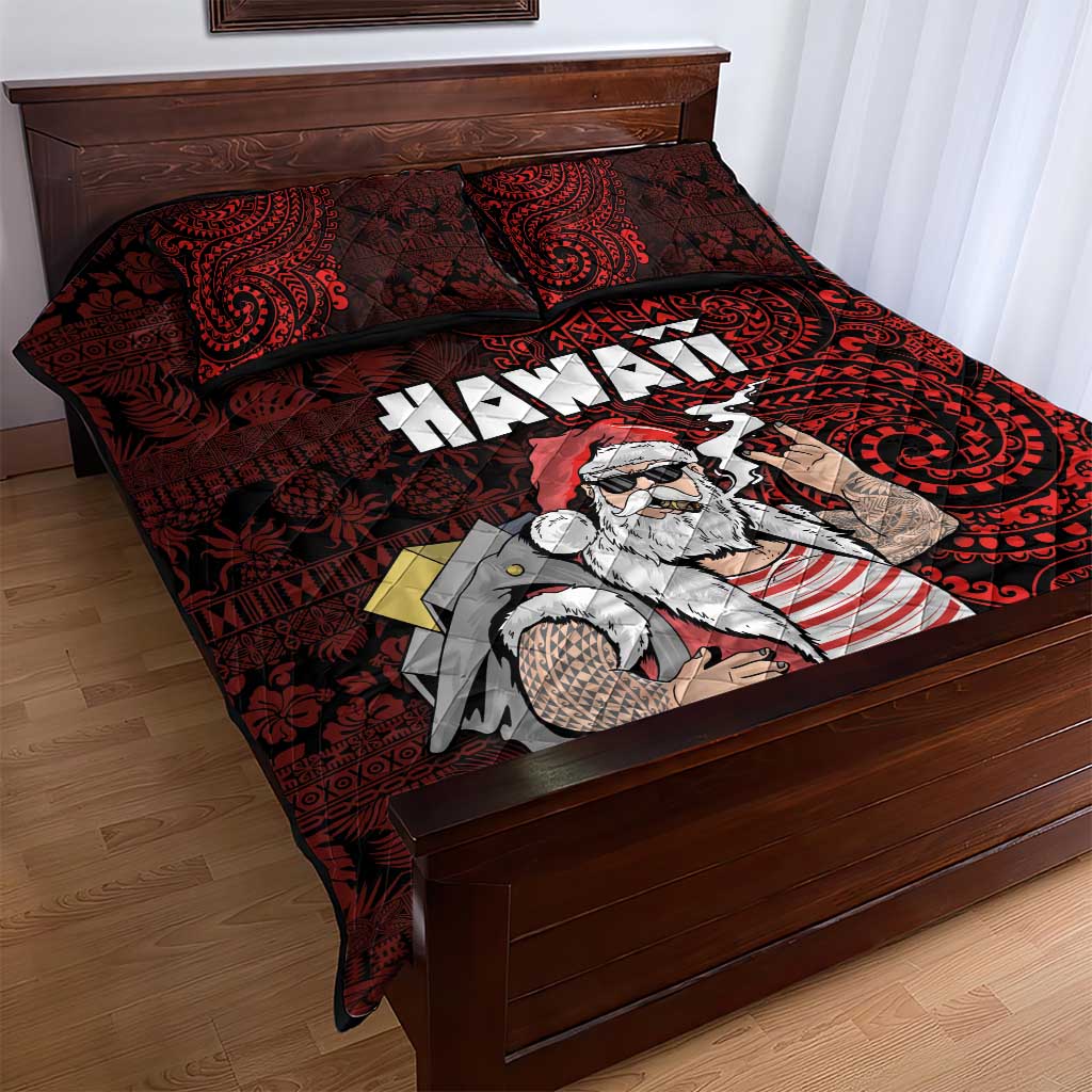 Hawaii Aloha Santa Claus Funny Polynesian Tattoo Quilt Bed Set Red Color