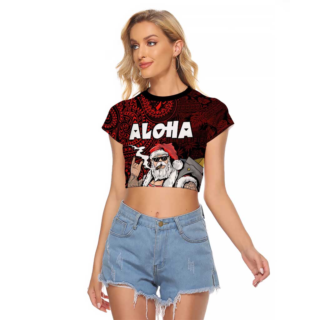 Hawaii Aloha Santa Claus Funny Polynesian Tattoo Raglan Cropped T Shirt Red Color LT03 Female Red - Polynesian Pride
