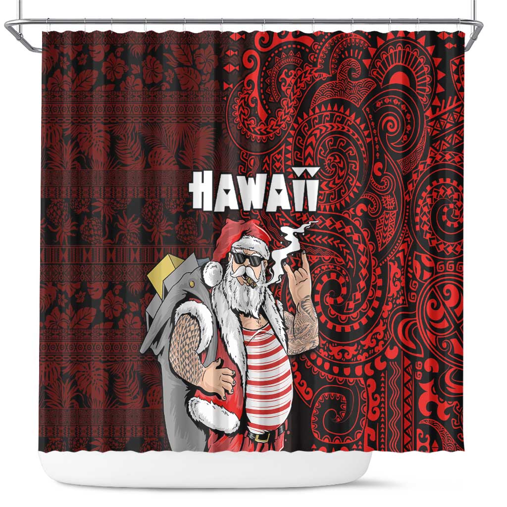 Hawaii Aloha Santa Claus Funny Polynesian Tattoo Shower Curtain Red Color