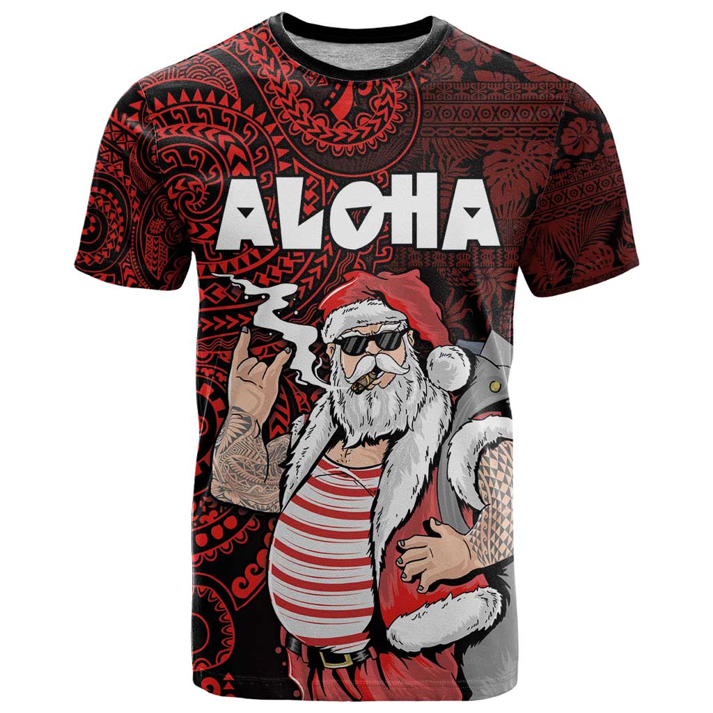 Hawaii Aloha Santa Claus Funny Polynesian Tattoo T Shirt Red Color