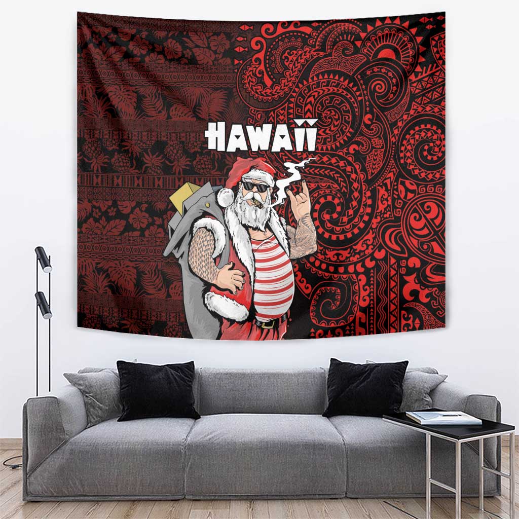 Hawaii Aloha Santa Claus Funny Polynesian Tattoo Tapestry Red Color