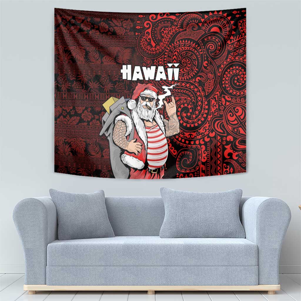 Hawaii Aloha Santa Claus Funny Polynesian Tattoo Tapestry Red Color
