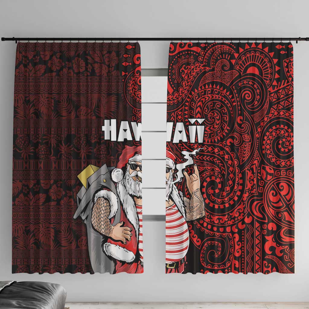 Hawaii Aloha Santa Claus Funny Polynesian Tattoo Window Curtain Red Color LT03 With Hooks Red - Polynesian Pride