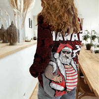 Hawaii Aloha Santa Claus Funny Polynesian Tattoo Women Casual Shirt Red Color