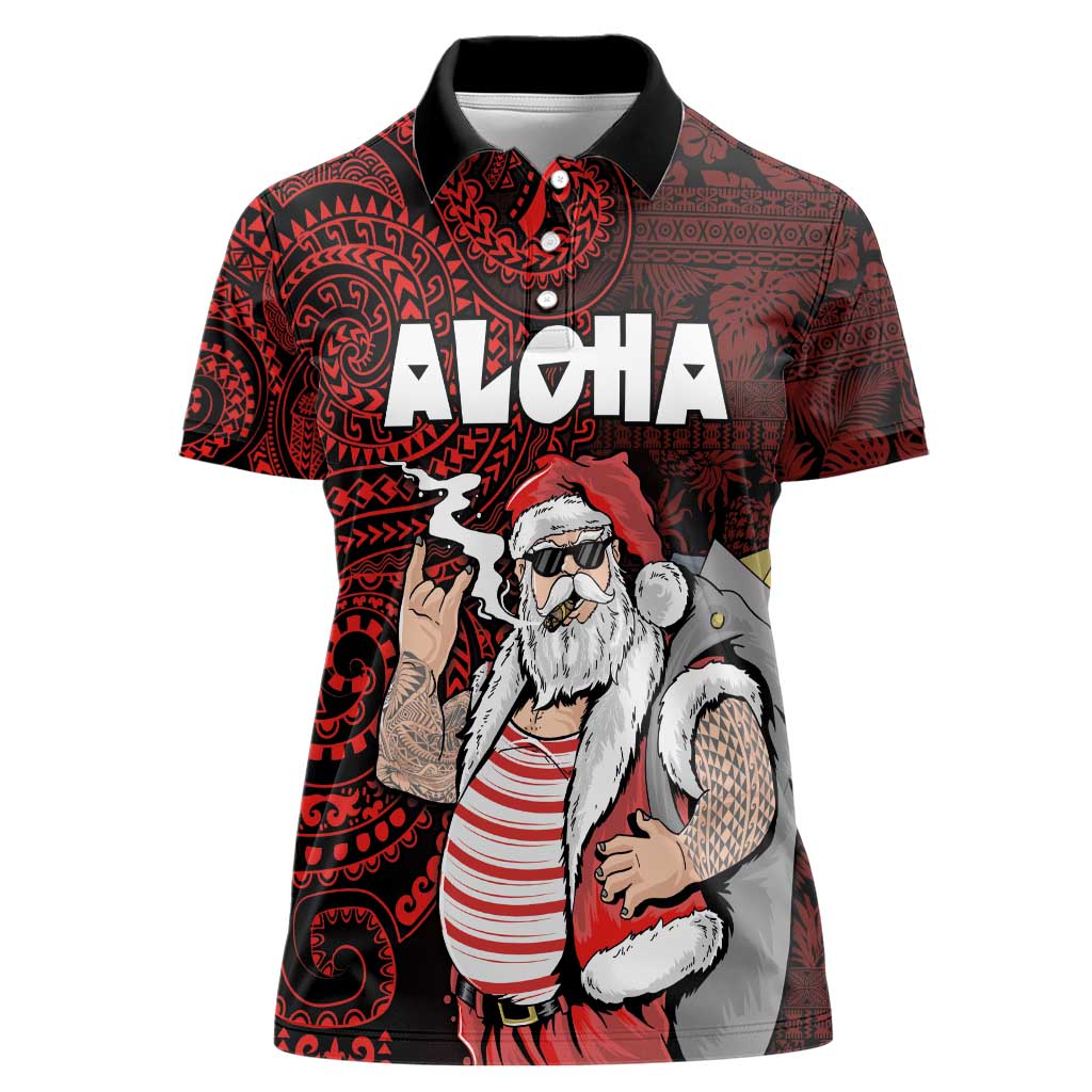 Hawaii Aloha Santa Claus Funny Polynesian Tattoo Women Polo Shirt Red Color