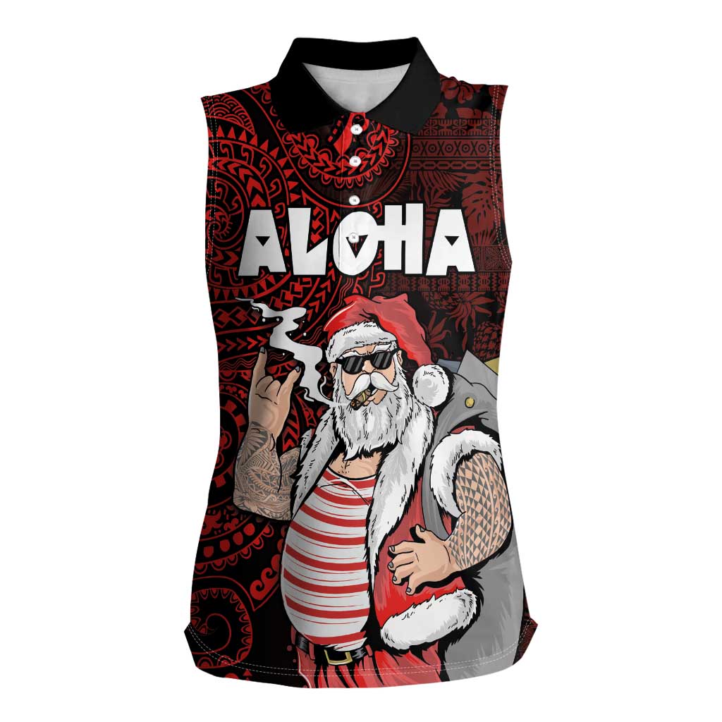 Hawaii Aloha Santa Claus Funny Polynesian Tattoo Women Sleeveless Polo Shirt Red Color