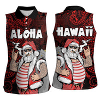 Hawaii Aloha Santa Claus Funny Polynesian Tattoo Women Sleeveless Polo Shirt Red Color