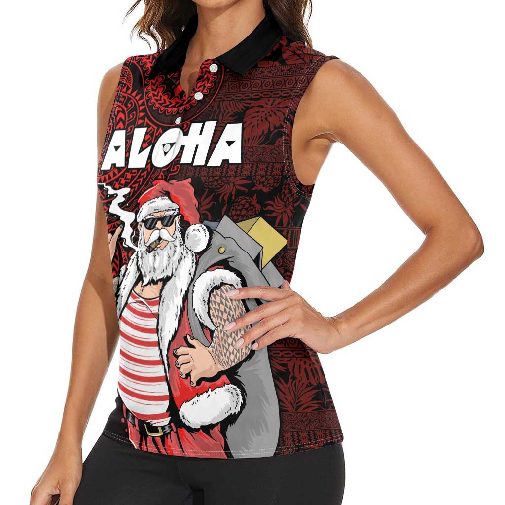 Hawaii Aloha Santa Claus Funny Polynesian Tattoo Women Sleeveless Polo Shirt Red Color