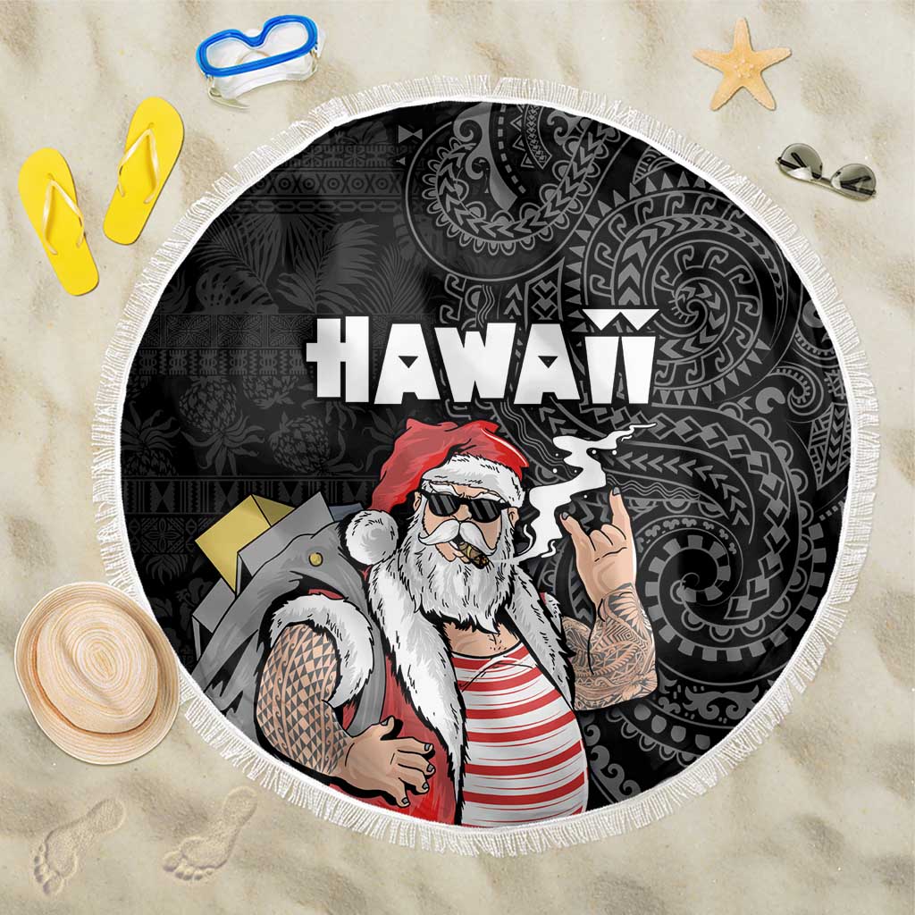 Hawaii Aloha Santa Claus Funny Polynesian Tattoo Beach Blanket Black Color