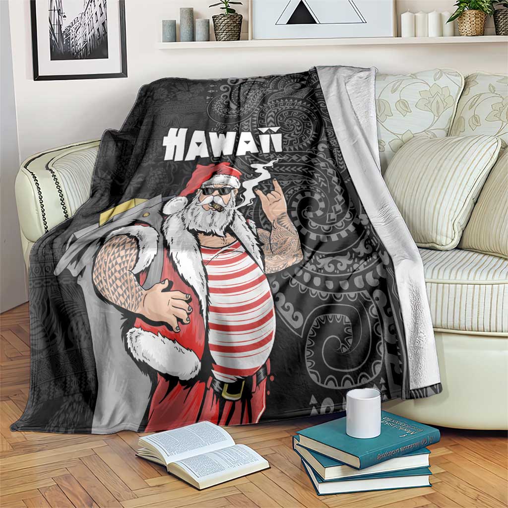 Hawaii Aloha Santa Claus Funny Polynesian Tattoo Blanket Black Color