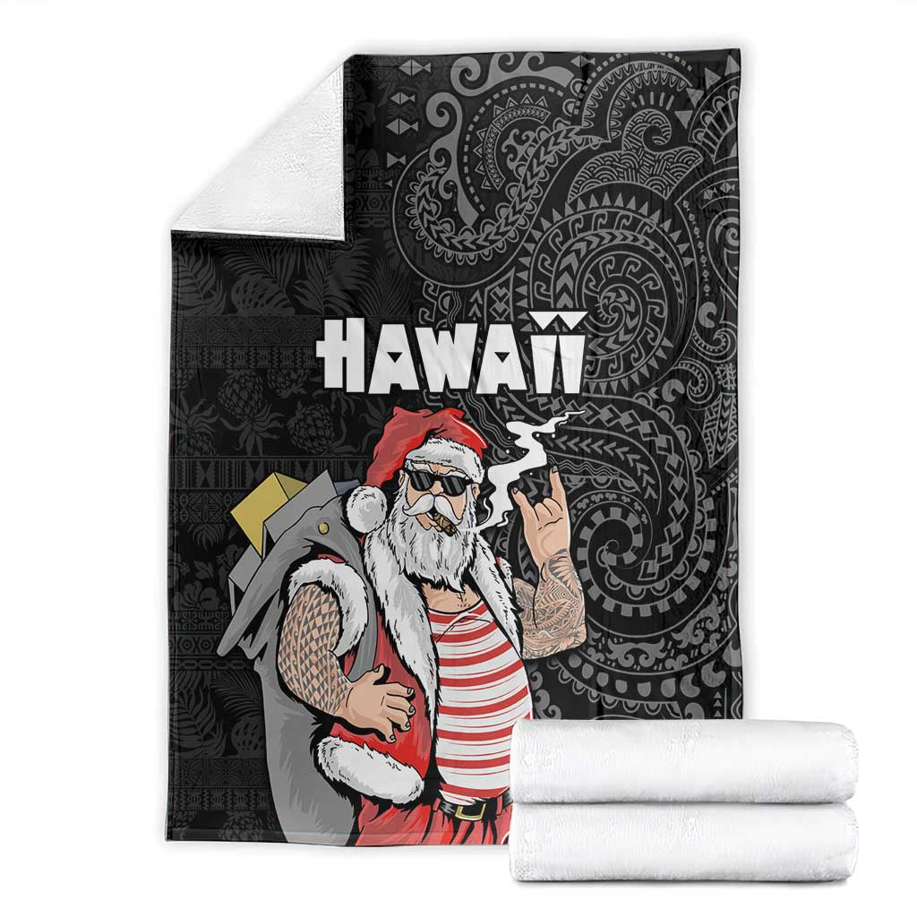 Hawaii Aloha Santa Claus Funny Polynesian Tattoo Blanket Black Color