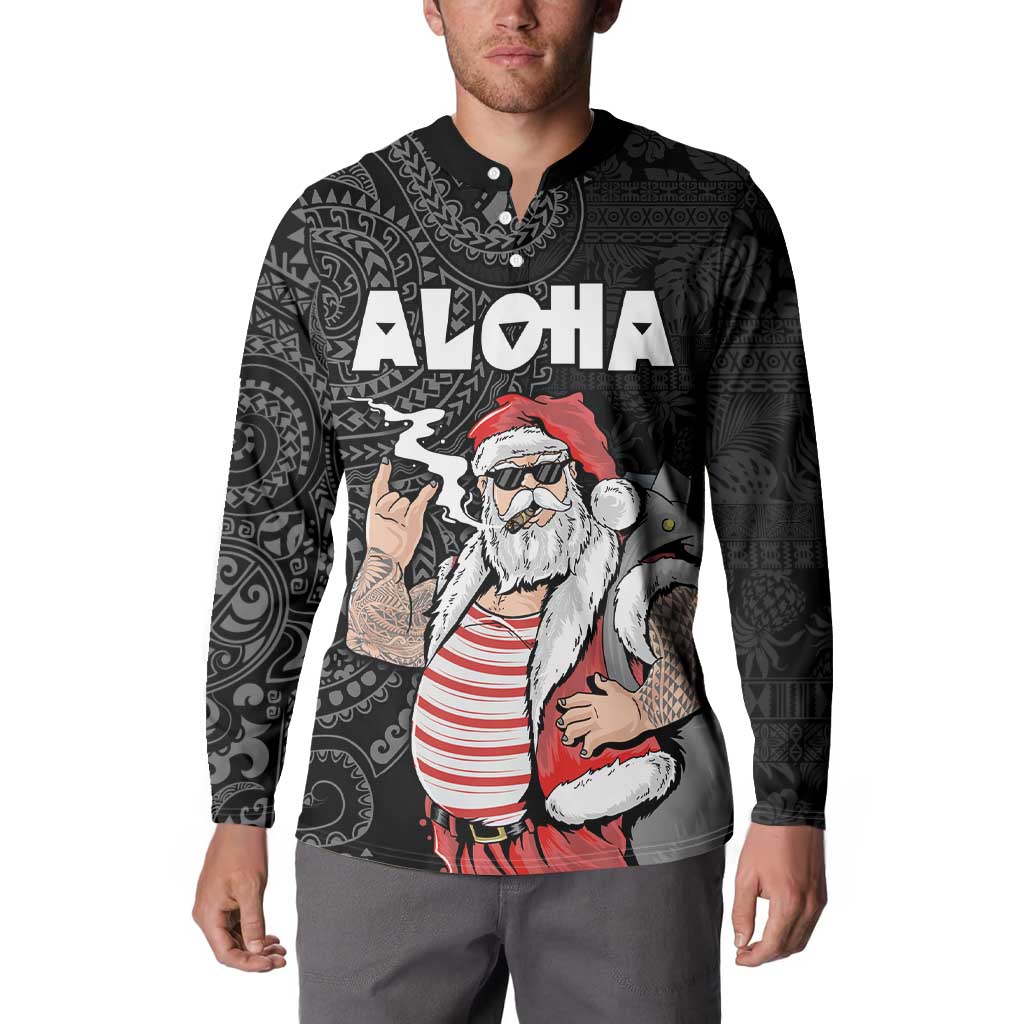 Hawaii Aloha Santa Claus Funny Polynesian Tattoo Button Sweatshirt Black Color LT03 - Polynesian Pride