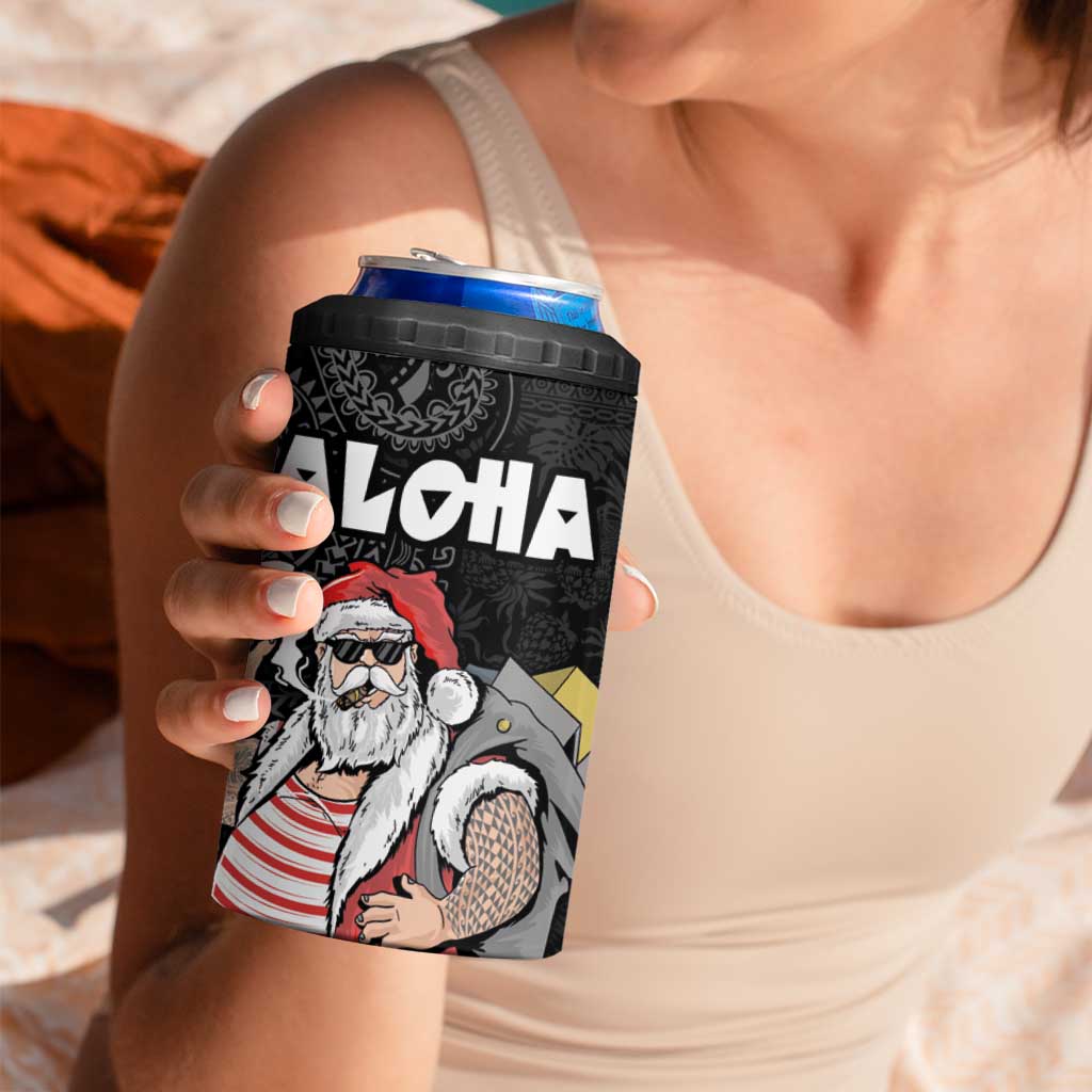 Hawaii Aloha Santa Claus Funny Polynesian Tattoo 4 in 1 Can Cooler Tumbler Black Color