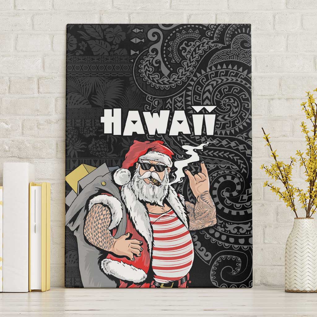 Hawaii Aloha Santa Claus Funny Polynesian Tattoo Canvas Wall Art Black Color