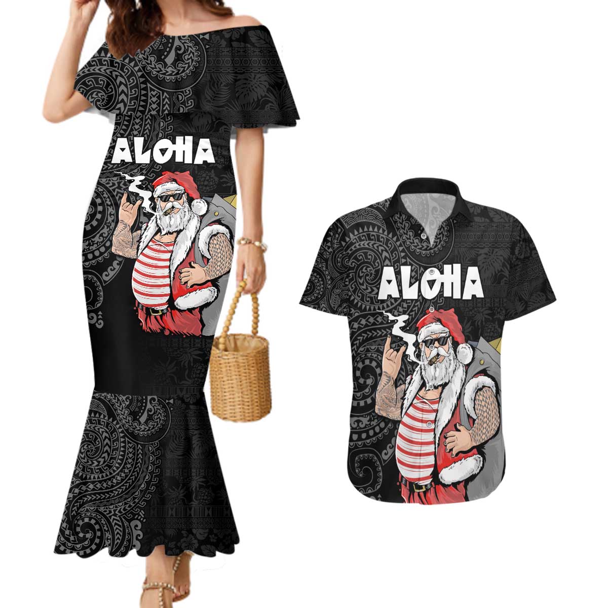 Hawaii Aloha Santa Claus Funny Polynesian Tattoo Couples Matching Mermaid Dress and Hawaiian Shirt Black Color