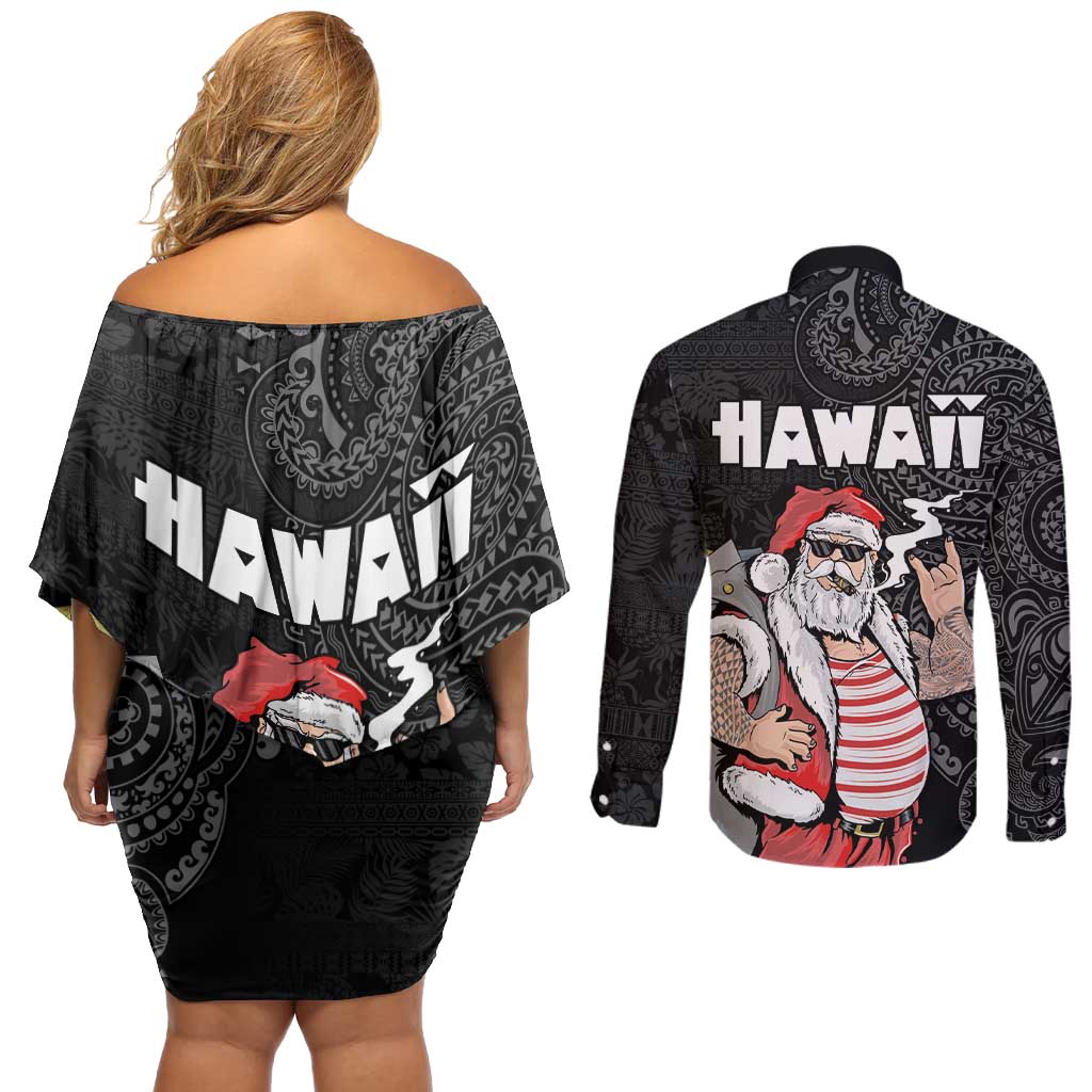Hawaii Aloha Santa Claus Funny Polynesian Tattoo Couples Matching Off Shoulder Short Dress and Long Sleeve Button Shirt Black Color LT03 - Polynesian Pride