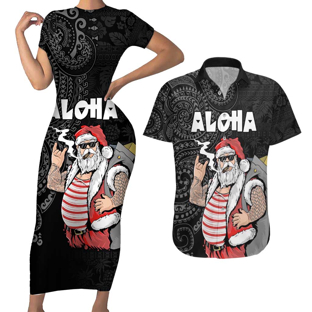 Hawaii Aloha Santa Claus Funny Polynesian Tattoo Couples Matching Short Sleeve Bodycon Dress and Hawaiian Shirt Black Color