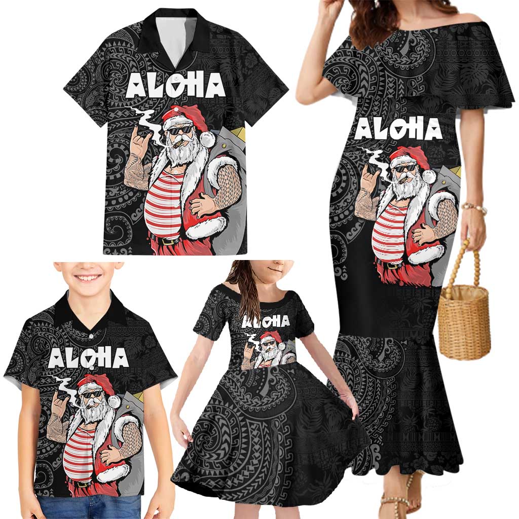 Hawaii Aloha Santa Claus Funny Polynesian Tattoo Family Matching Mermaid Dress and Hawaiian Shirt Black Color