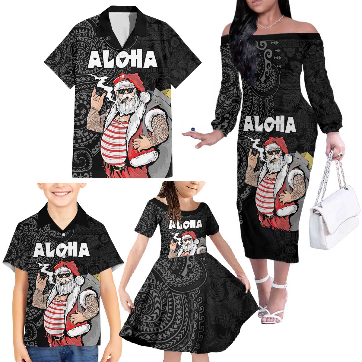 Hawaii Aloha Santa Claus Funny Polynesian Tattoo Family Matching Off The Shoulder Long Sleeve Dress and Hawaiian Shirt Black Color