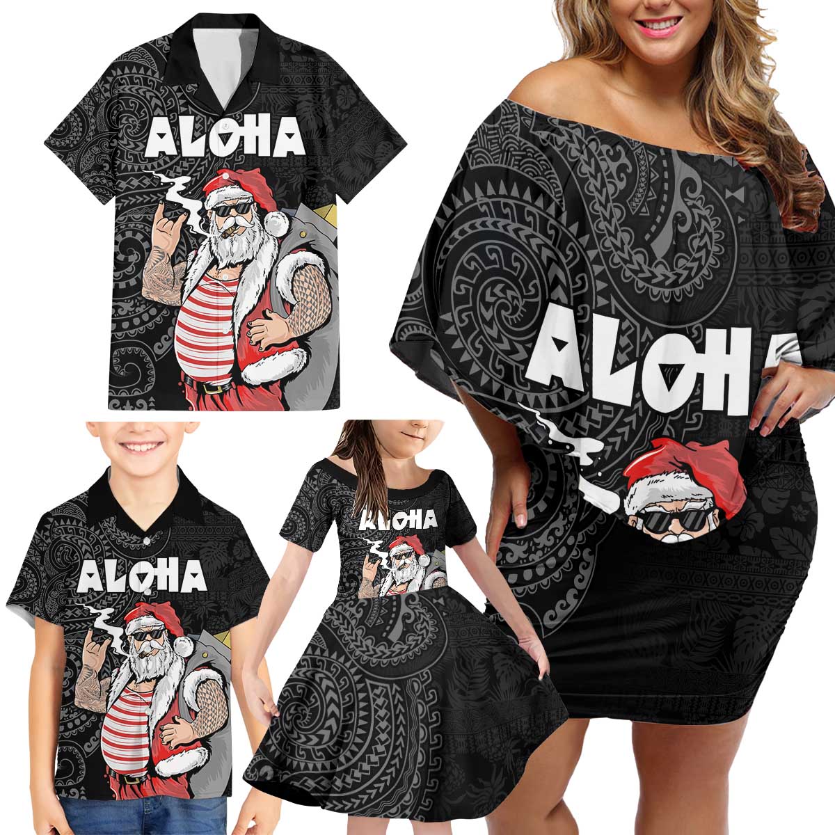 Hawaii Aloha Santa Claus Funny Polynesian Tattoo Family Matching Off Shoulder Short Dress and Hawaiian Shirt Black Color