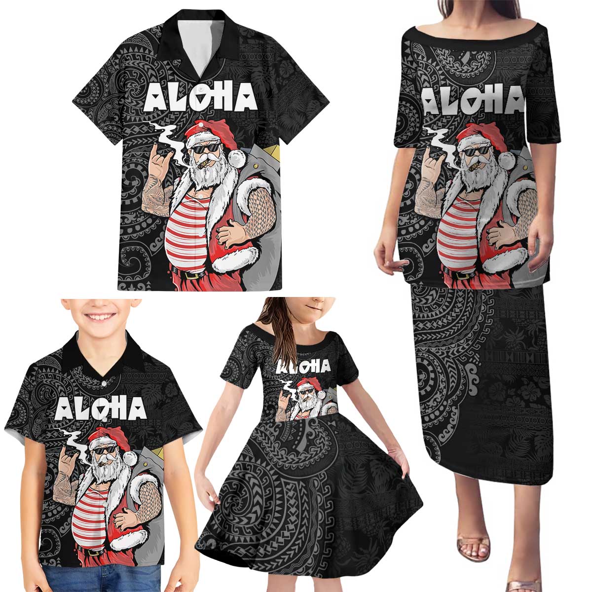 Hawaii Aloha Santa Claus Funny Polynesian Tattoo Family Matching Puletasi and Hawaiian Shirt Black Color LT03 - Polynesian Pride