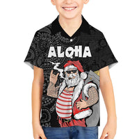 Hawaii Aloha Santa Claus Funny Polynesian Tattoo Family Matching Tank Maxi Dress and Hawaiian Shirt Black Color