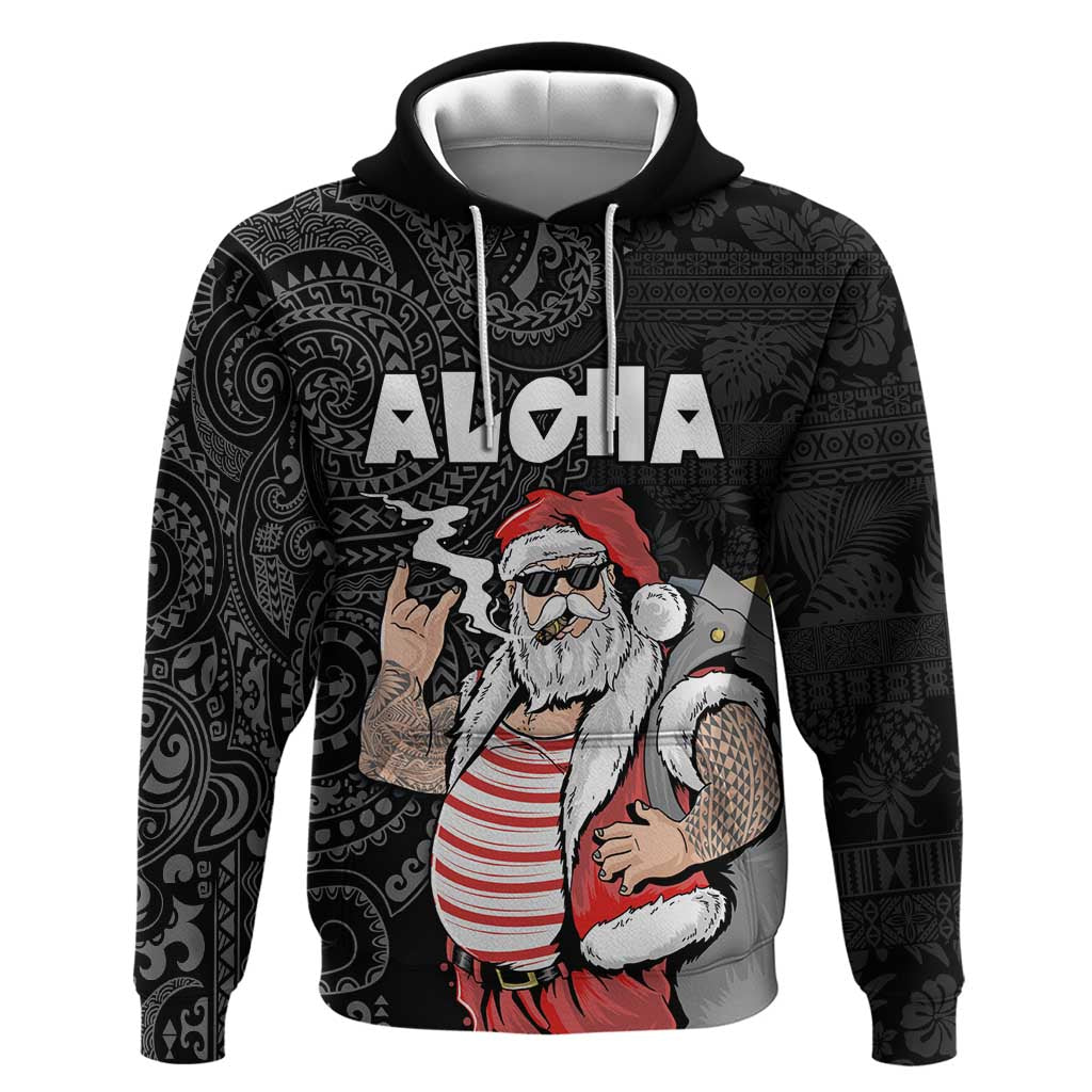 Hawaii Aloha Santa Claus Funny Polynesian Tattoo Hoodie Black Color