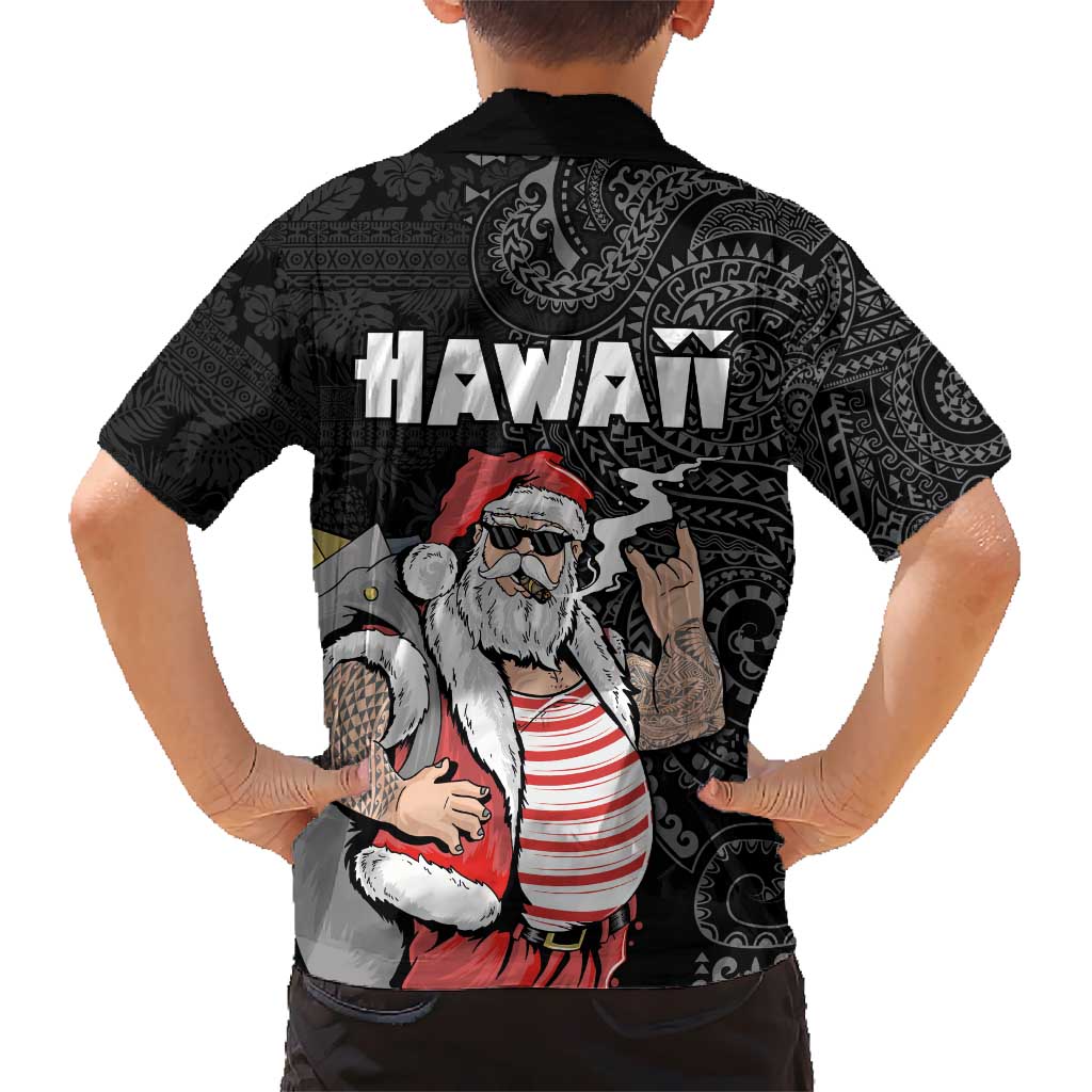 Hawaii Aloha Santa Claus Funny Polynesian Tattoo Kid Hawaiian Shirt Black Color