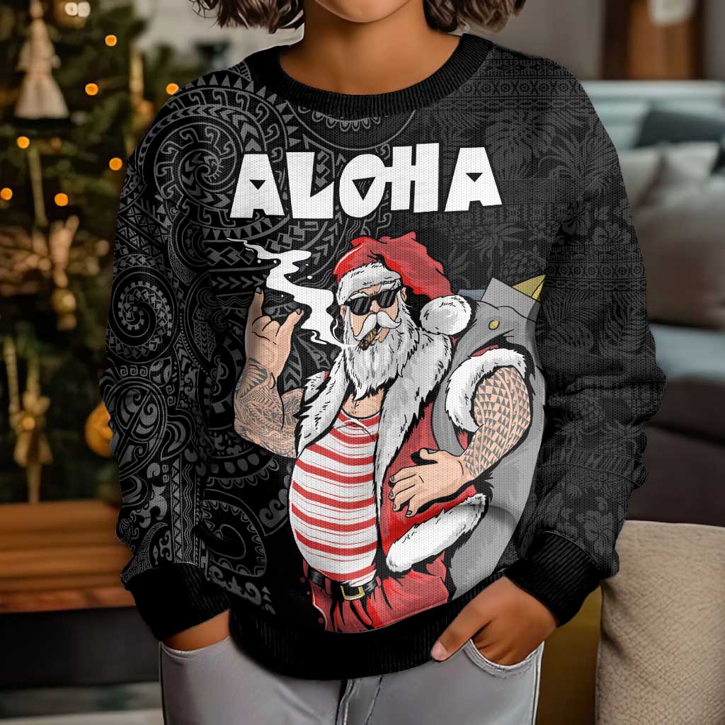 Hawaii Aloha Santa Claus Funny Polynesian Tattoo Kid Ugly Christmas Sweater Black Color