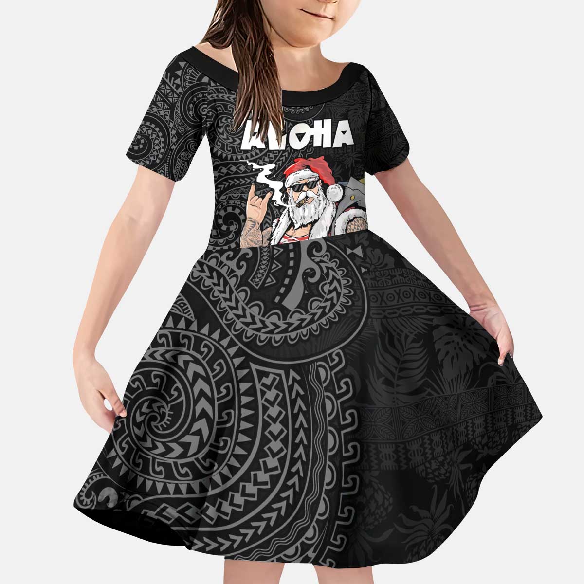 Hawaii Aloha Santa Claus Funny Polynesian Tattoo Kid Short Sleeve Dress Black Color