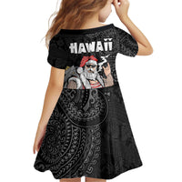 Hawaii Aloha Santa Claus Funny Polynesian Tattoo Kid Short Sleeve Dress Black Color