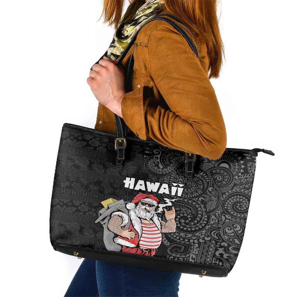 Hawaii Aloha Santa Claus Funny Polynesian Tattoo Leather Tote Bag Black Color LT03 Black - Polynesian Pride